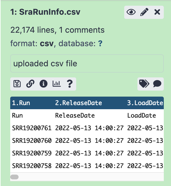 Data summary produced by clicking the name of a data set in your in Galaxy History