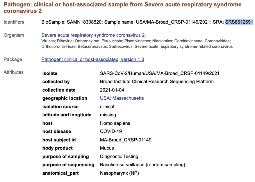 Results of Searching NCBI By A Sample Name