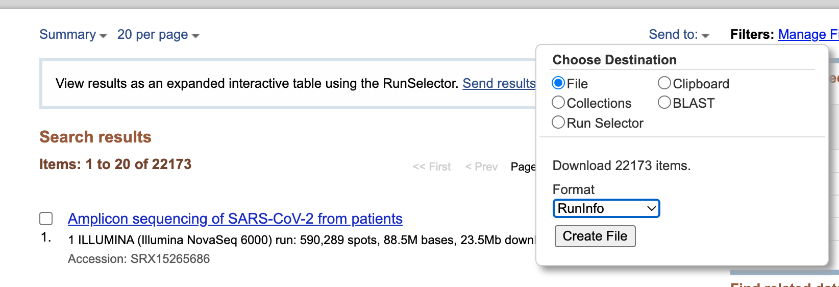 SRA Download RunInfo Menu Options